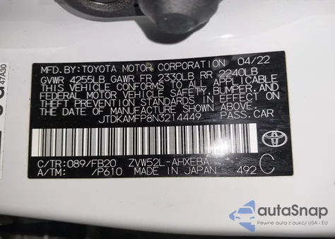 2022 Toyota Prius Prime Le из США, поврежденный, VIN JTDKAMFP8N3214449